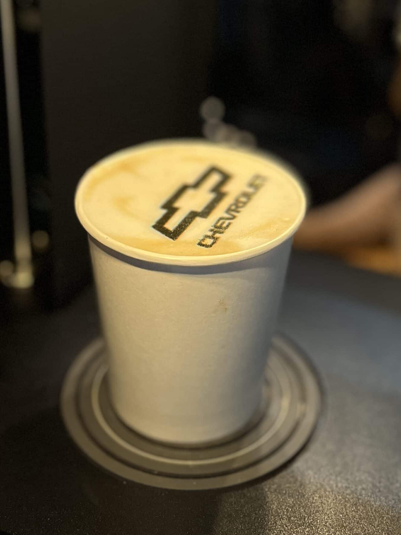 Chevrolet logo printed on a latte
