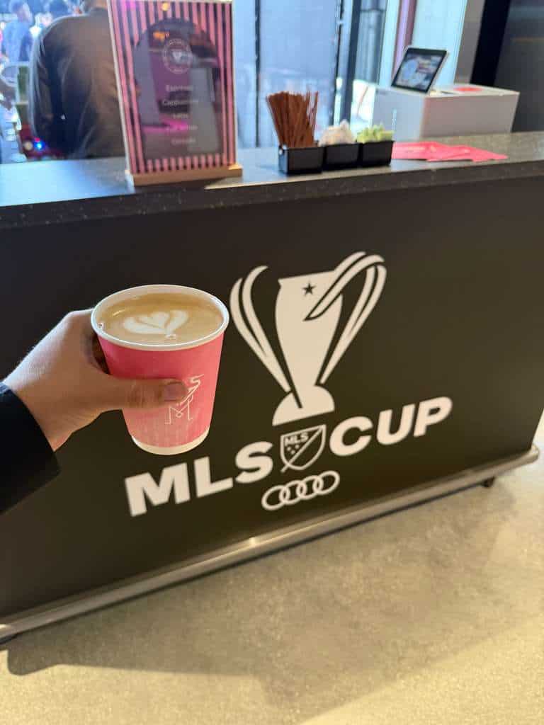 Custom pink Inter Miami cup used for coffee service at the MLS Cup Final