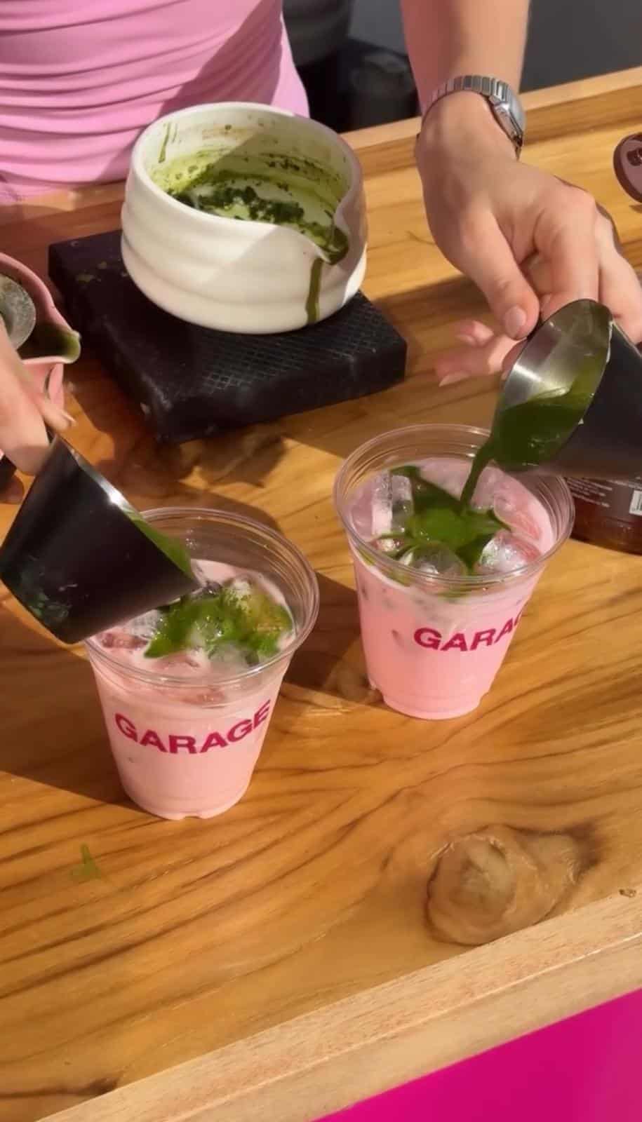 Barista pouring ceremonial matcha into cups at a Miami matcha cart event