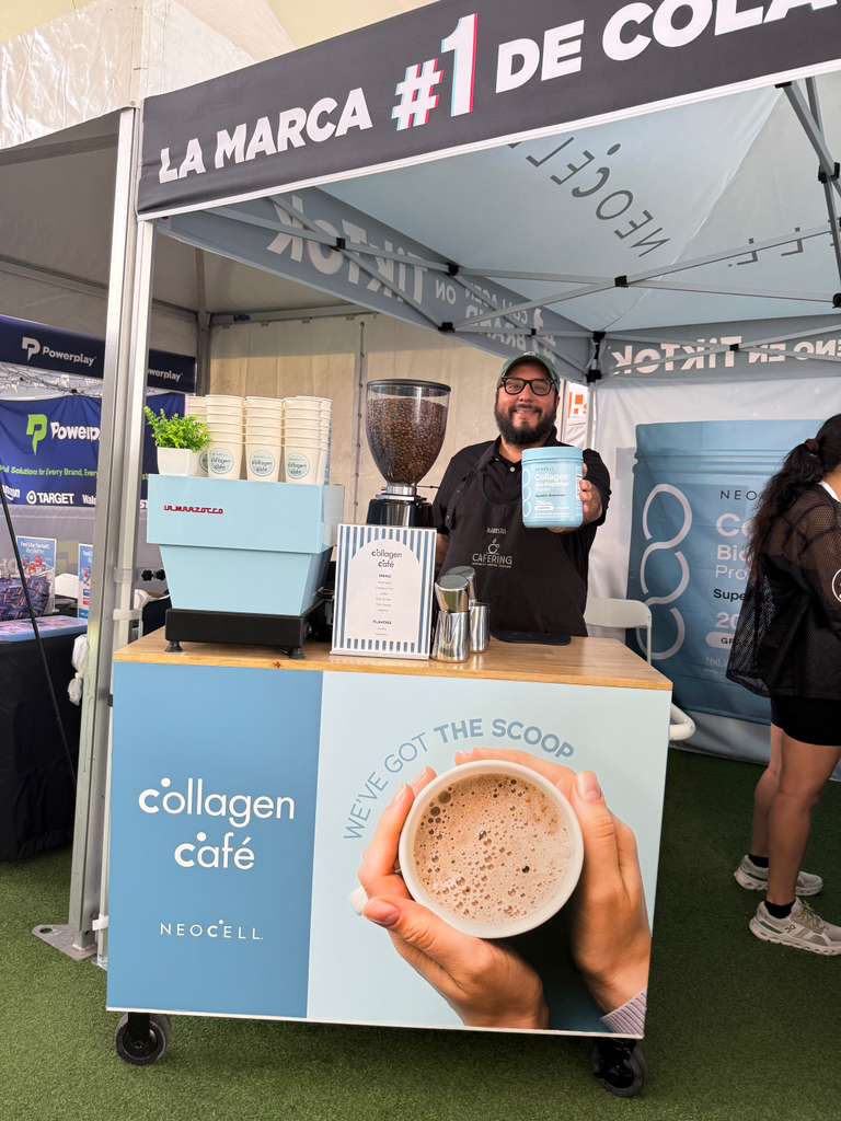 Cafering barista at Neocell Piping Rock event — branded experience, logo printing, trade show Miami