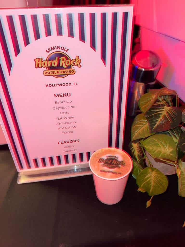 Hard Rock coffee cart with a printed logo and custom menu