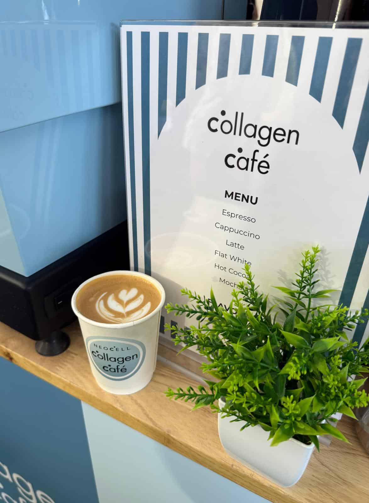 Branded collagen coffee — Neocell light blue espresso machine matching brand colors, Miami event