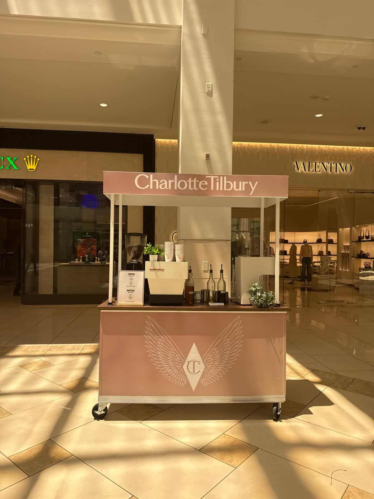 Cafering branded coffee cart at Charlotte Tilbury brand activation, Aventura Mall Miami