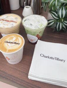 Custom branded coffee and matcha drinks — Charlotte Tilbury event Miami