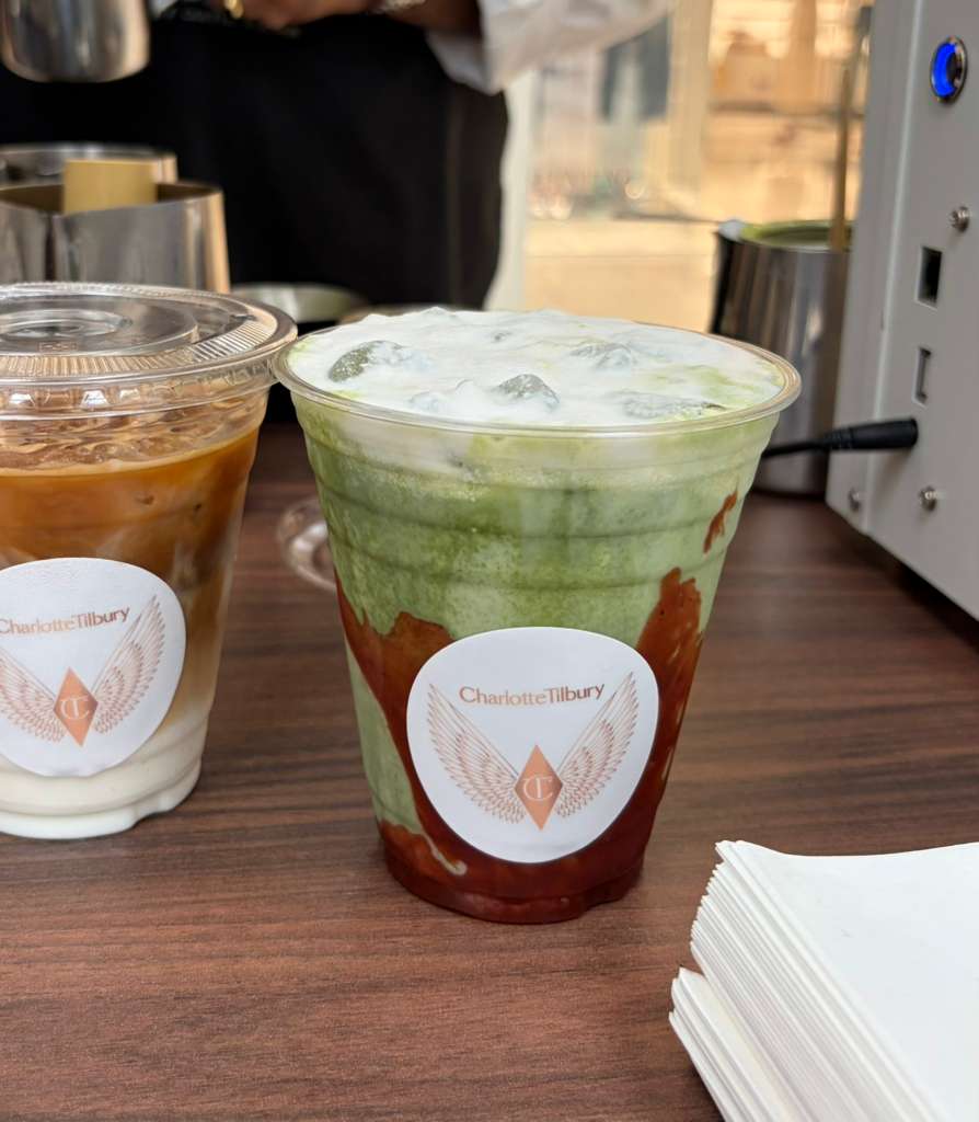 Strawberry matcha latte served at a Charlotte Tilbury brand activation in Miami