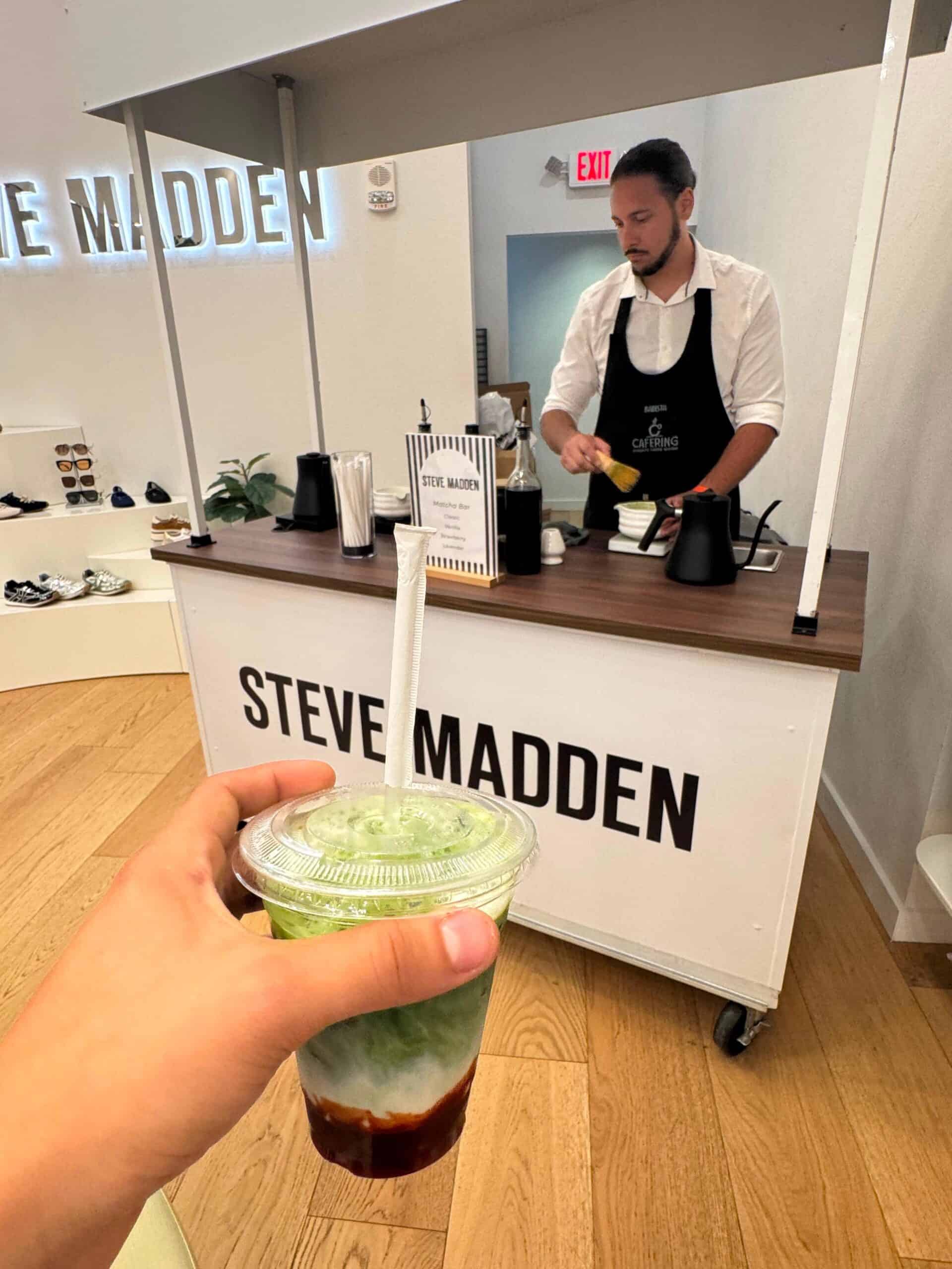 Branded matcha cart at a Steve Madden retail event in Miami