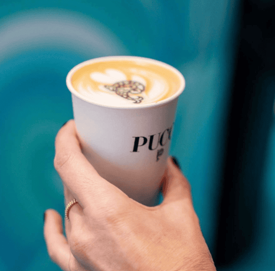 Koi fish artwork printed on cappuccino foam at Pucci's Design District activation